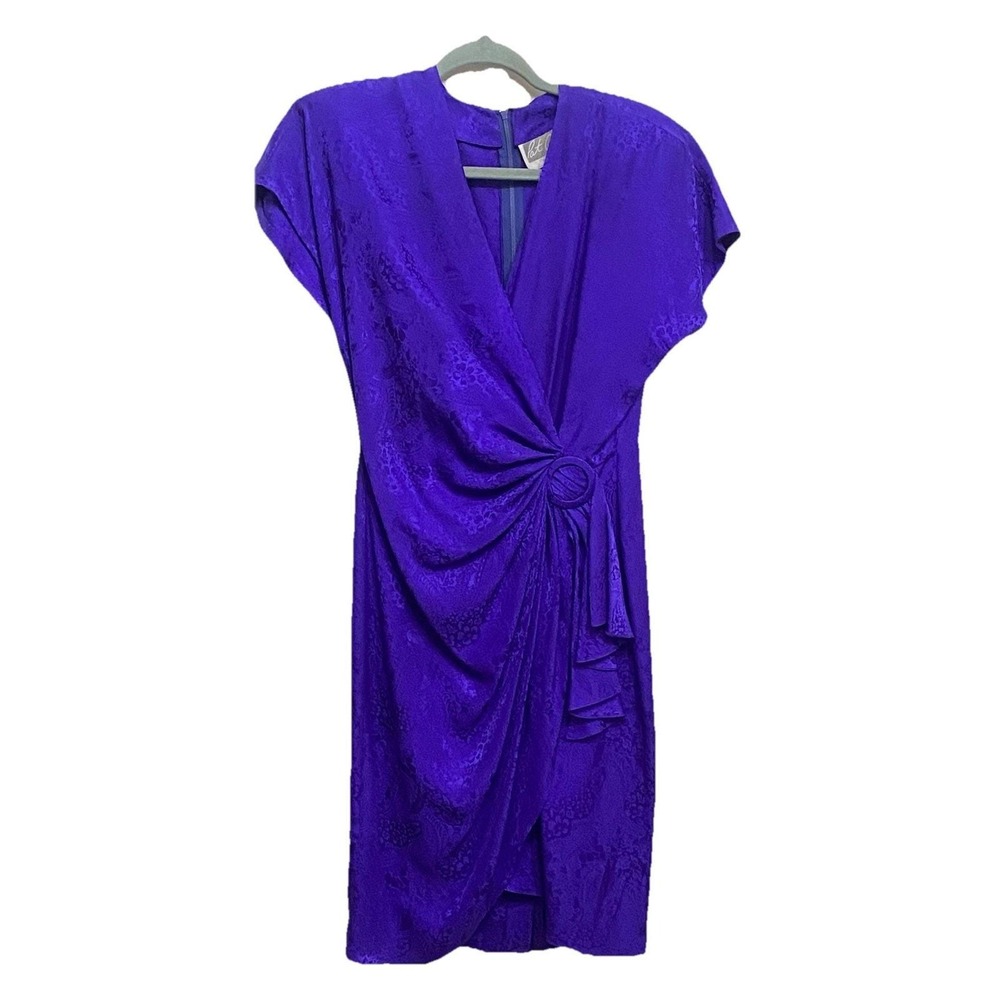 Pat Argenti Silk Embossed Print  Dress in DEEP PURPLE Sz6P  Shoulder Pads 80s